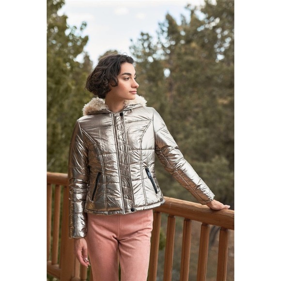 Tasha Apparel Gunmetal Gray Metallic Fuzzy Faux Fur Hood Puffer Jacket - Picture 3 of 5